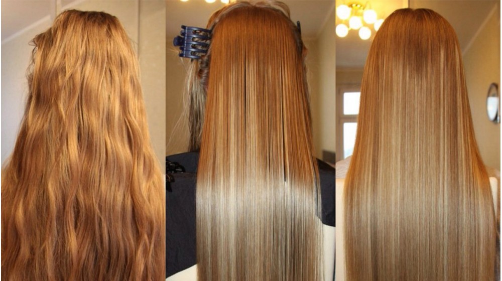 Mujer rubia con melena larga tratada con keratina, mostrando un montaje comparativo del cabello antes y después del tratamiento. El resultado destaca un peinado liso, brillante y libre de frizz, evidenciando la transformación de un cabello opaco a uno saludable y sedoso, con un acabado profesional.