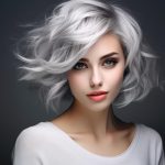 Mujer de belleza cautivadora, con cabello con coloración gris y ojos azules muy bien maquillada que reflejan profundidad y serenidad.