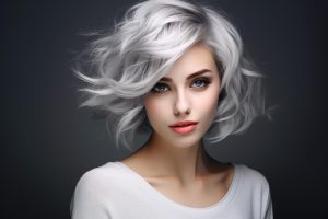 Mujer de belleza cautivadora, con cabello con coloración gris y ojos azules muy bien maquillada que reflejan profundidad y serenidad.