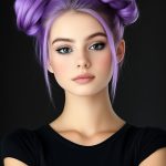 Una mujer con cabello teñido de un vibrante color violeta, mostrando un look moderno y llamativo.