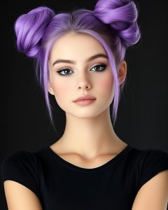 Una mujer con cabello teñido de un vibrante color violeta, mostrando un look moderno y llamativo.