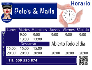 “Horario de atención de la peluquería Pelos&Nails sita en Monforte de Lemos : lunes de 15:00 a 20:00 horas, martes y miércoles de 9:00 a 13:00 de la mañana y de 15:00 a 20:00 horas tardes , jueves, viernes y sábados de 9:00 a 22:00 horas interrumpidas. Cerrado los domingos."