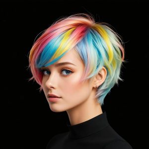 Mujer joven mostrando un peinado pelo corto con un agradable colorido ofrecido por unas espectaculares mechas.