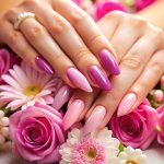 Manos femeninas con uñas en rosa y púrpura, decoradas con flores, mostrando un estilo elegante y cuidado.