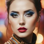 Mujer atractiva adornada con maquillaje vibrante y joyas, destacando su belleza y originalidad.