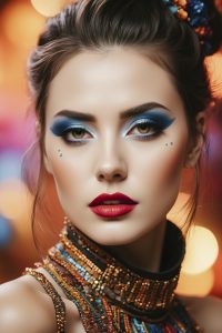 Mujer atractiva adornada con maquillaje vibrante y joyas, destacando su belleza y originalidad.